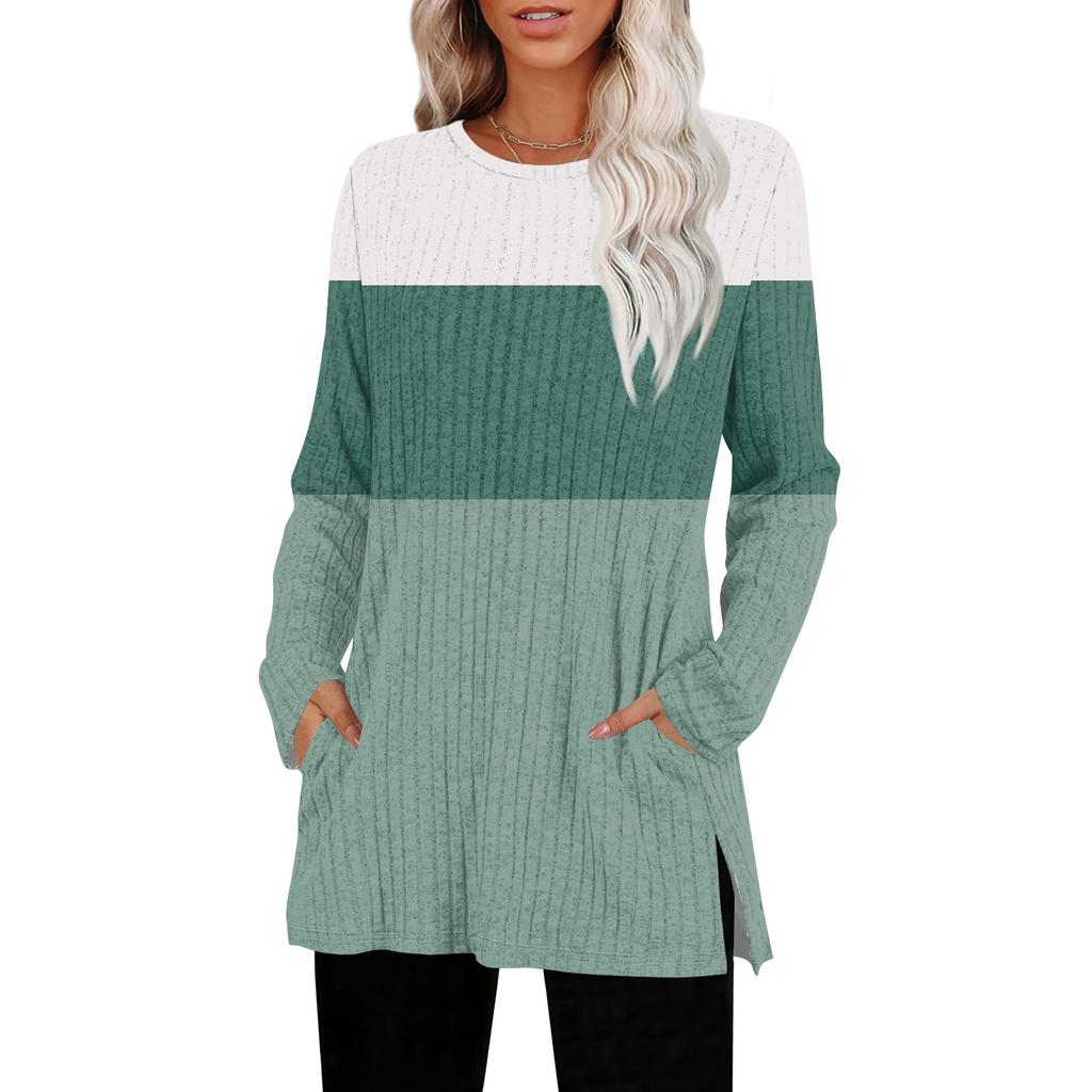 Womens Sweaters Crewneck Long Sleeve Shirts With Pockets Fall Outfits Fashion Winter Clothing Side Slit