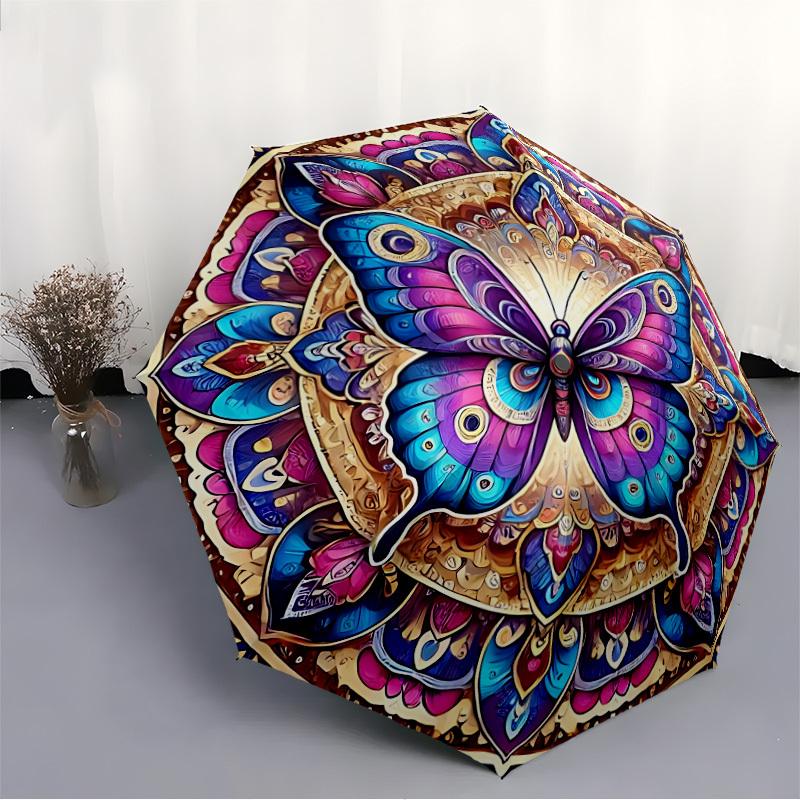1pc Butterfly Mandala Art Folding Umbrella, Durable, Suitable for Outdoor Activities or Rain, Suitable for Commuting Yy251027064