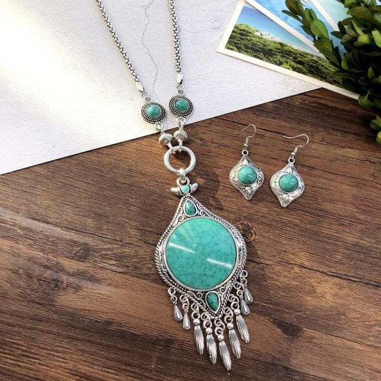 

Винтажные национальные ожерелья с бирюзой, богемный универсальный темперамент, преувеличенный редкий бирюзовый кулон, комплект серег