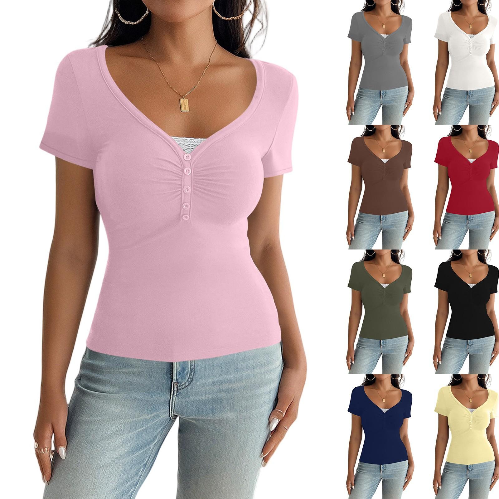 

Ladies Fashion Lace Stitching V-neck Short Sleeve Solid Color Top L білий