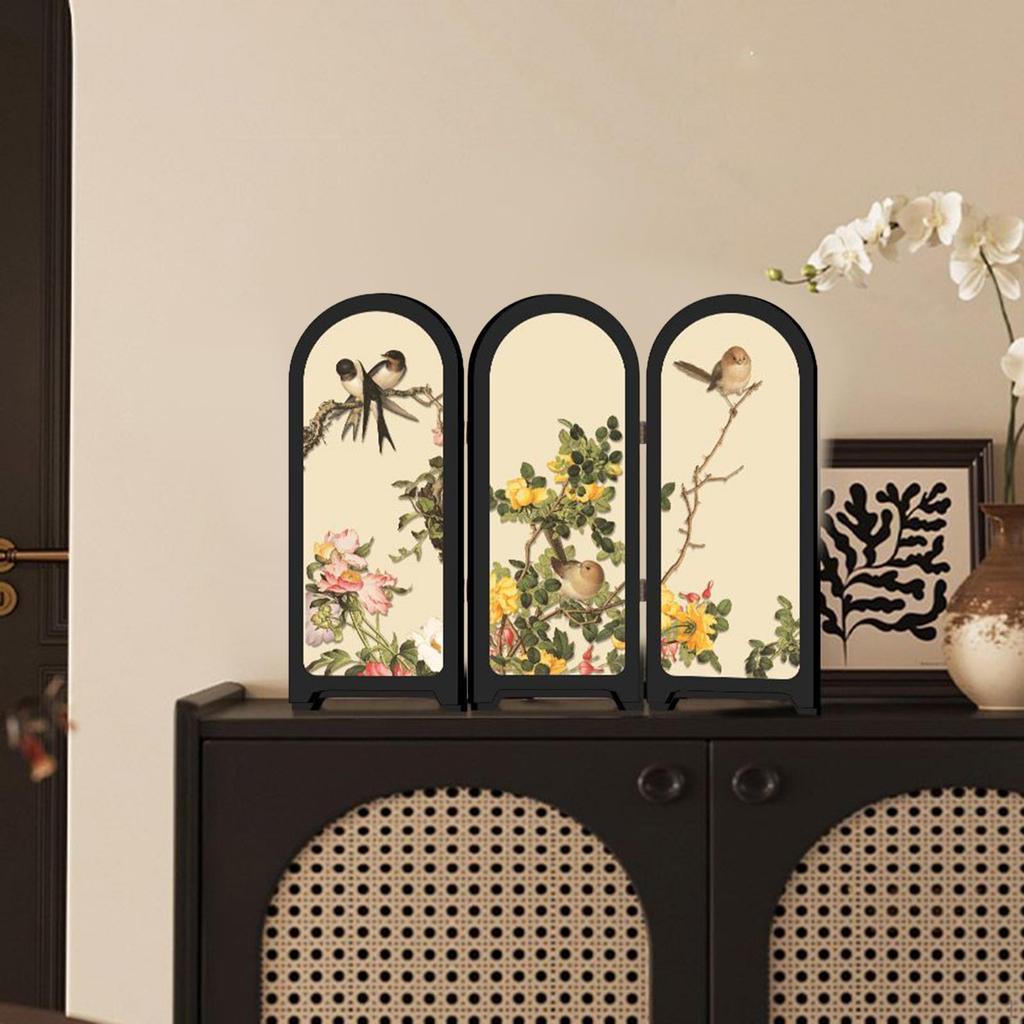 Kinesisk Design Mini Skärmprydnad 3-delad Skiljevägg Liten Bordsdekoration Fågel- och Blomtryck för