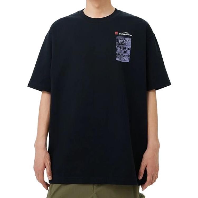 Li Ning T Shirts Unisex Black Crew Neck Moderate Straight Fit AHST071-1