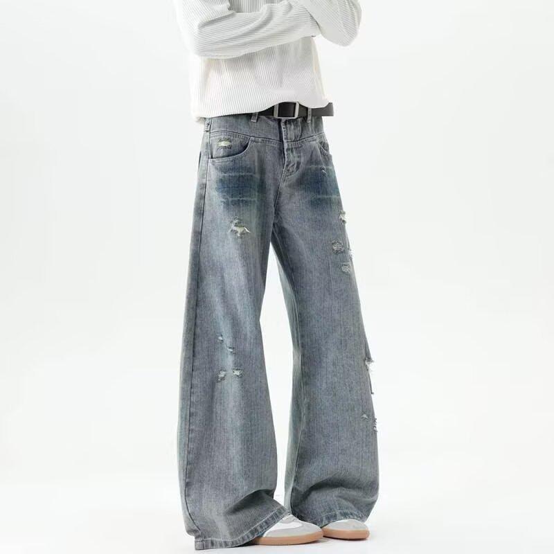 American niche design vibe retro pants men loose straight trend ink splashing wide leg jeans men
