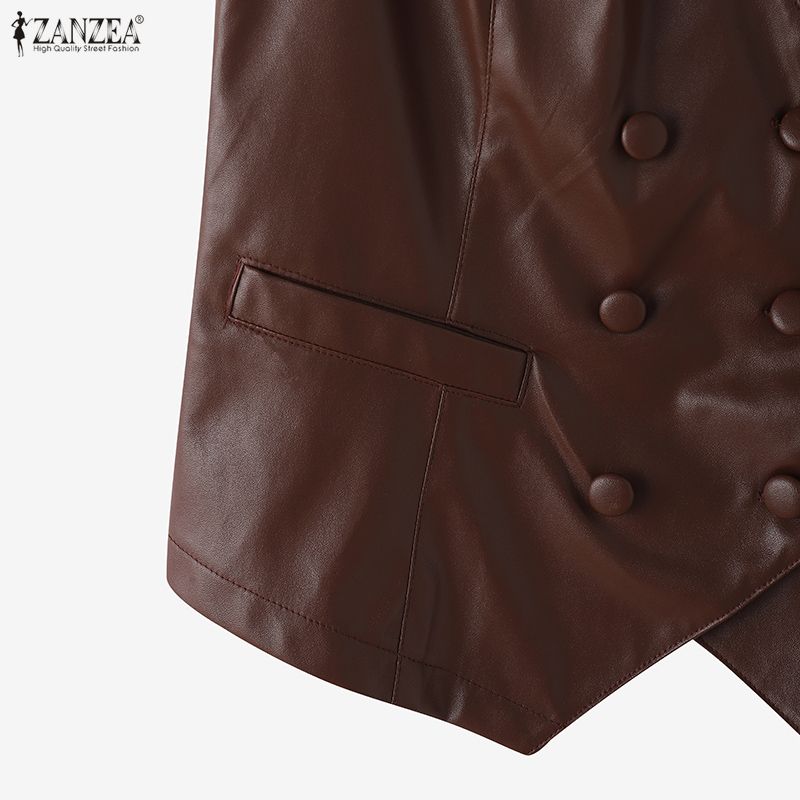 ZANZEA Women Casual V-Neck Sleeveless Faux PU Leather Cardigan Vest