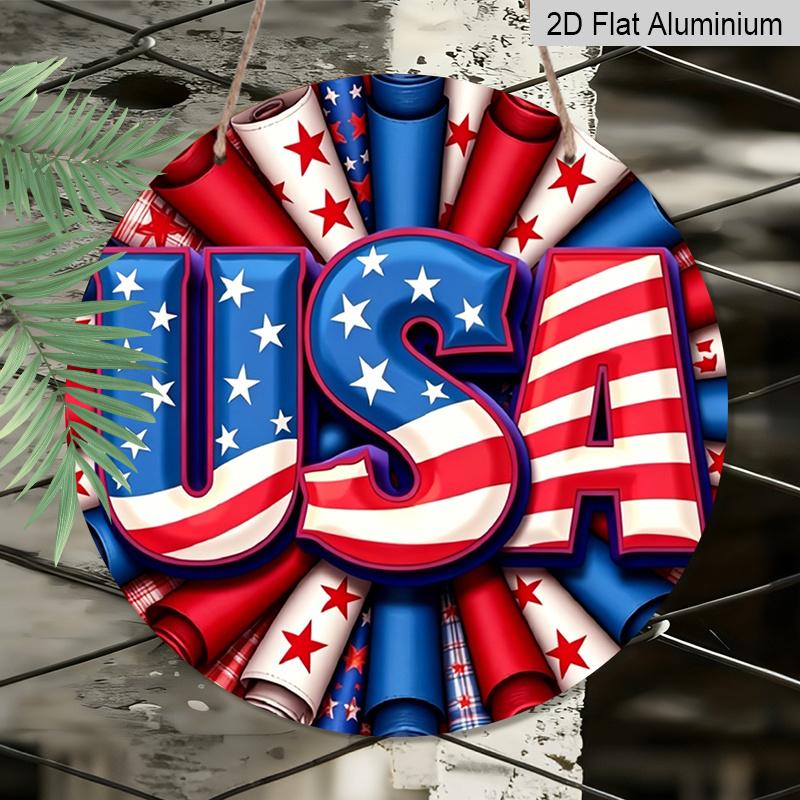 2D Flat - 1pc July 4th Patriotic Wreath - Red White Blue American Flag Design Metal Aluminum Sign with Stars, Stripes USA Lettering, Durable Aluminum