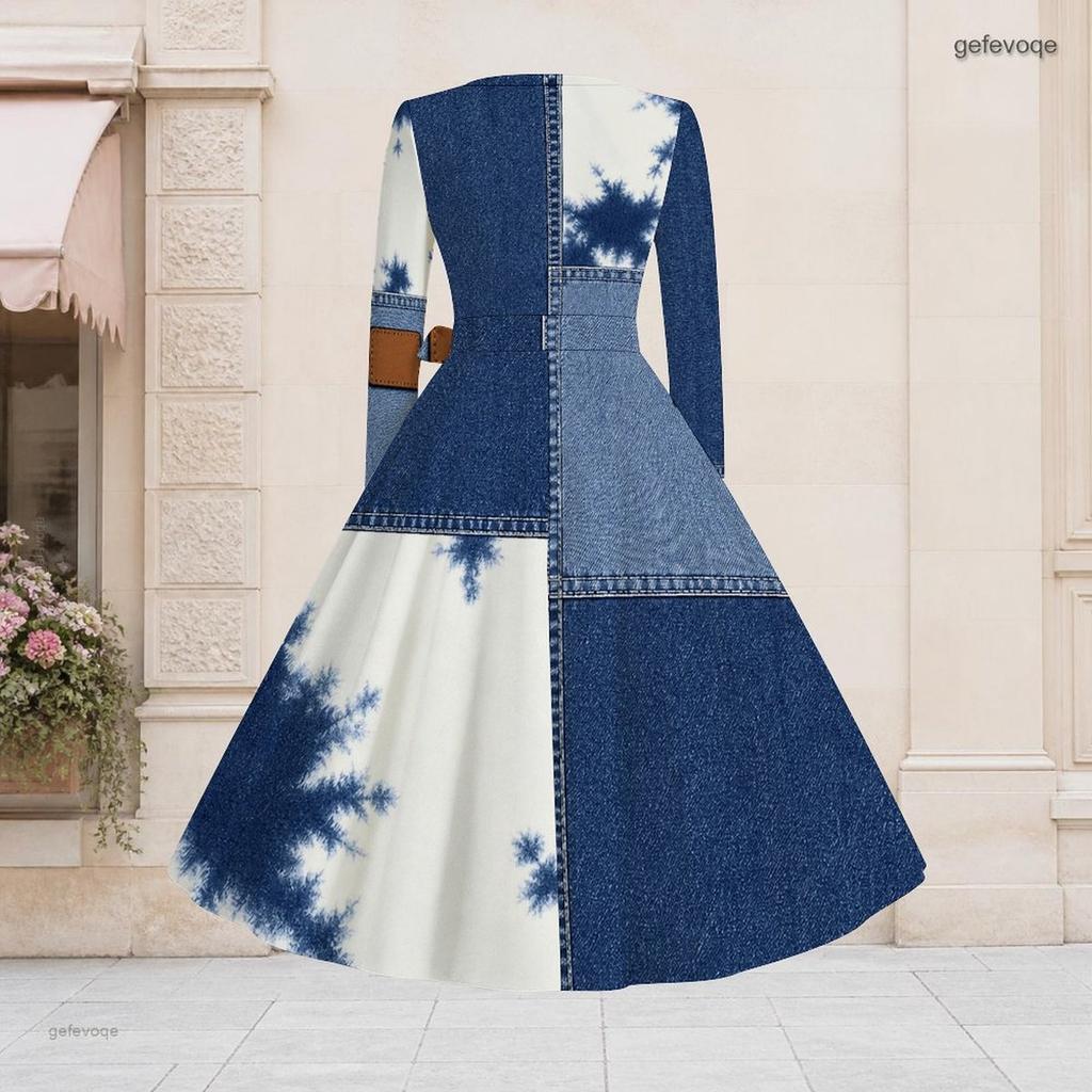 Women Plus Size V Neck Long Sleeve Blue White Printed Denim Patchwork A Line Dress With Belt