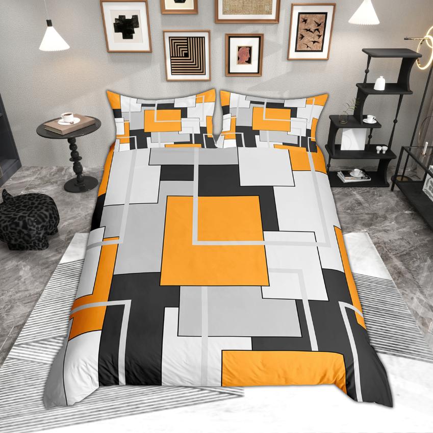 Homewish Modern Geometric Duvet Cover Set, Aesthetic Square Plaid Bedding, Abstract Minimalist Quilt Cover Set