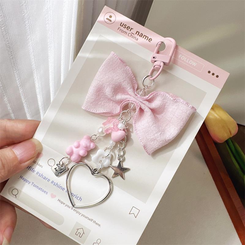 Cute Sweet Bear Bow Heart Keychain Pendant with Star Charm Phone Chain Backpack Keyring Girly Bag Hanging Ornament Gift