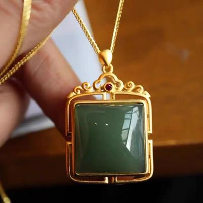 Nový čtvercový náhrdelník s intarzií z přírodního jaspisu, čínský styl, vintage přívěsek, lehký luxus, přívěsky, klasika, šperky