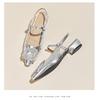 Light luxury wind back empty sandals for women with rhinestone square buckle, pointed toe, low heel, Mary Jane straight strap sandals