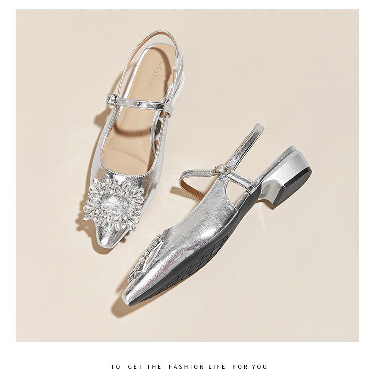 Light luxury wind back empty sandals for women with rhinestone square buckle, pointed toe, low heel, Mary Jane straight strap sandals