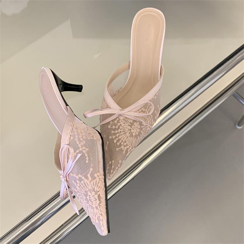 Eilyken Butterfly-knot Thin Low Heels Women Slippers Fashion Elegant Breathable Mesh Pointed Toe Mule Summer Shoes