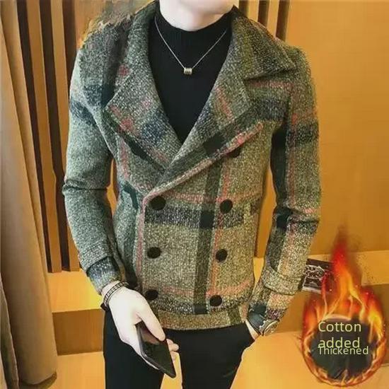Men's Slim Double-Breasted Plaid Wool Trench Coat – Stylish Korean Suit Collar