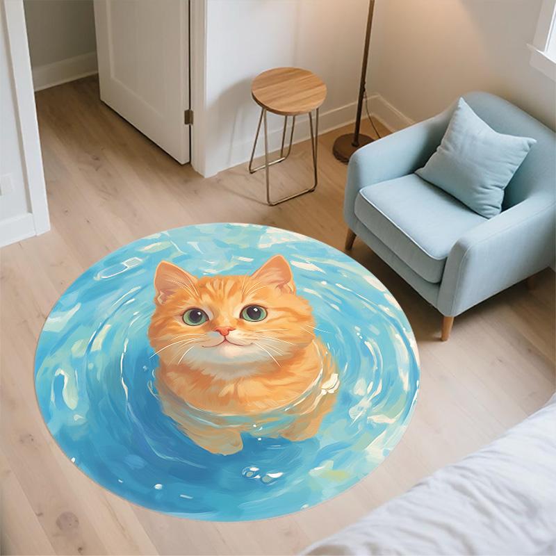 Water Ripple Cat,Round Area Rug,Carpet Rug for Living Room Bedroom Sofa Playroom Decor,Non-slip Floor Mat
