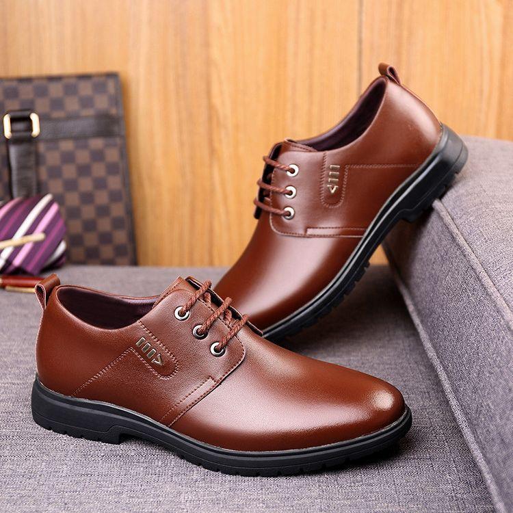 Leather Shoes Straps New Casual Leather Shoes British Style Business Dress Inner Height Increase Men's Soft-soled Shoes Lace-up Dad Shoes