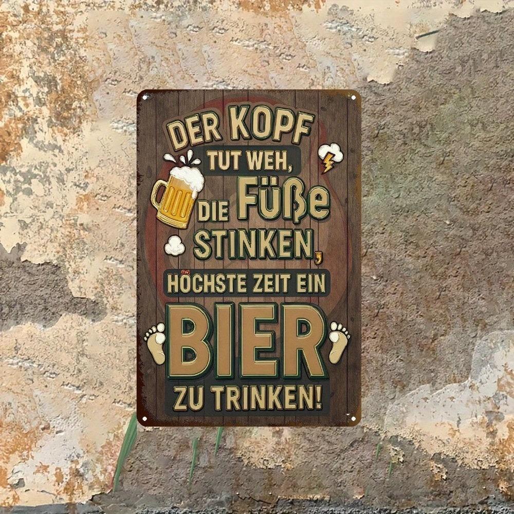 2D Flat German Humor Beer Sign, It's Time for Beer, Vintage Metal Wall Decor for Bar Kitchen Party, Funny German Gift
