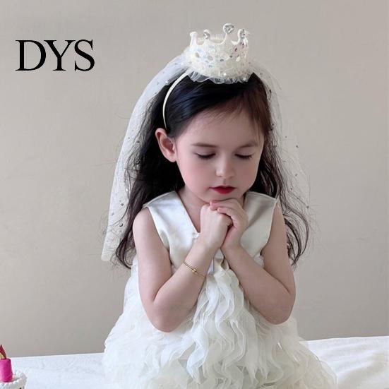 Imitation Pearl Headband Girl Crown with Sequins Pearls Princess-Style Baby Mesh Veil Toddler Princess Headpiece Photo Accessory