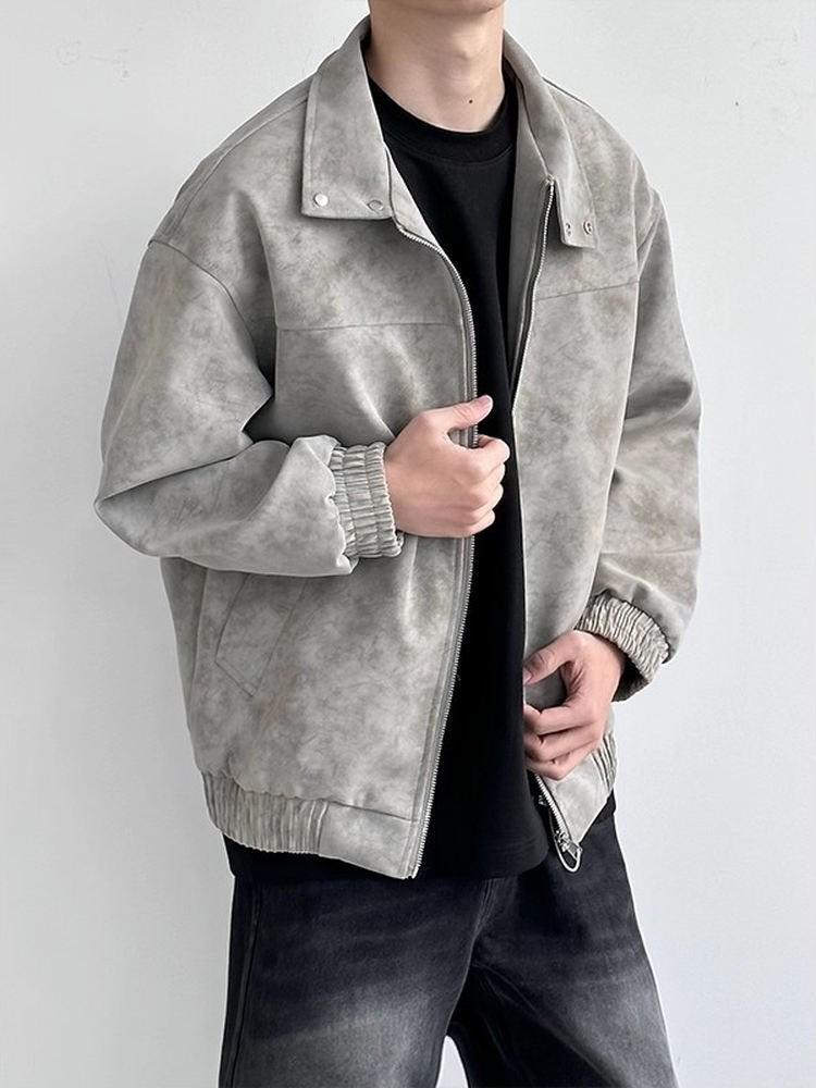 Men's Trendy American Style Leather Bomber Jacket - Loose Fit, Lapel Short Motorcycle Design for Autumn