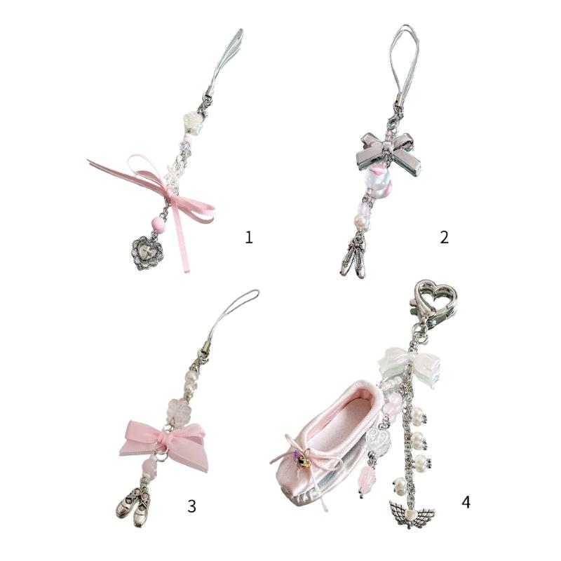 Pink Dance Shoes Keychain Delicate Ribbons Bowknot Keyring for Bags Backpacks Phone Charm Romantics Phone Strap Ornament
