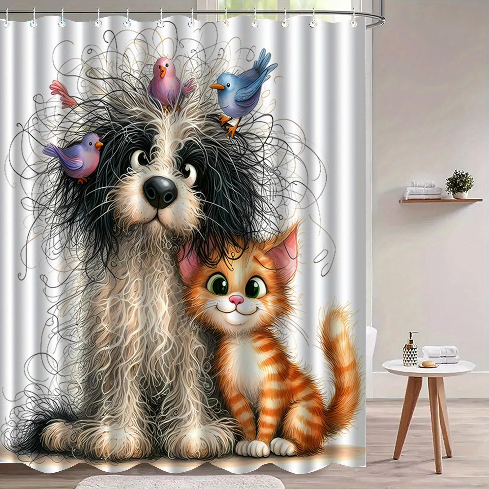 Cute Dog and Cat with Birds Shower Curtain 3D Printed Bathroom Decor Animal Theme Home Fashion Design Trend 90x180CM