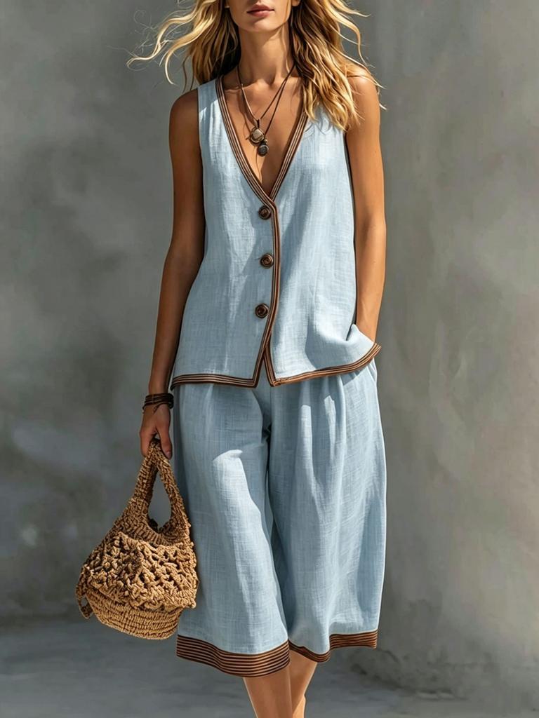 Cross-border exclusive for European and American summer women's vacation style two-piece set, solid color button casual vest cardigan women's shorts