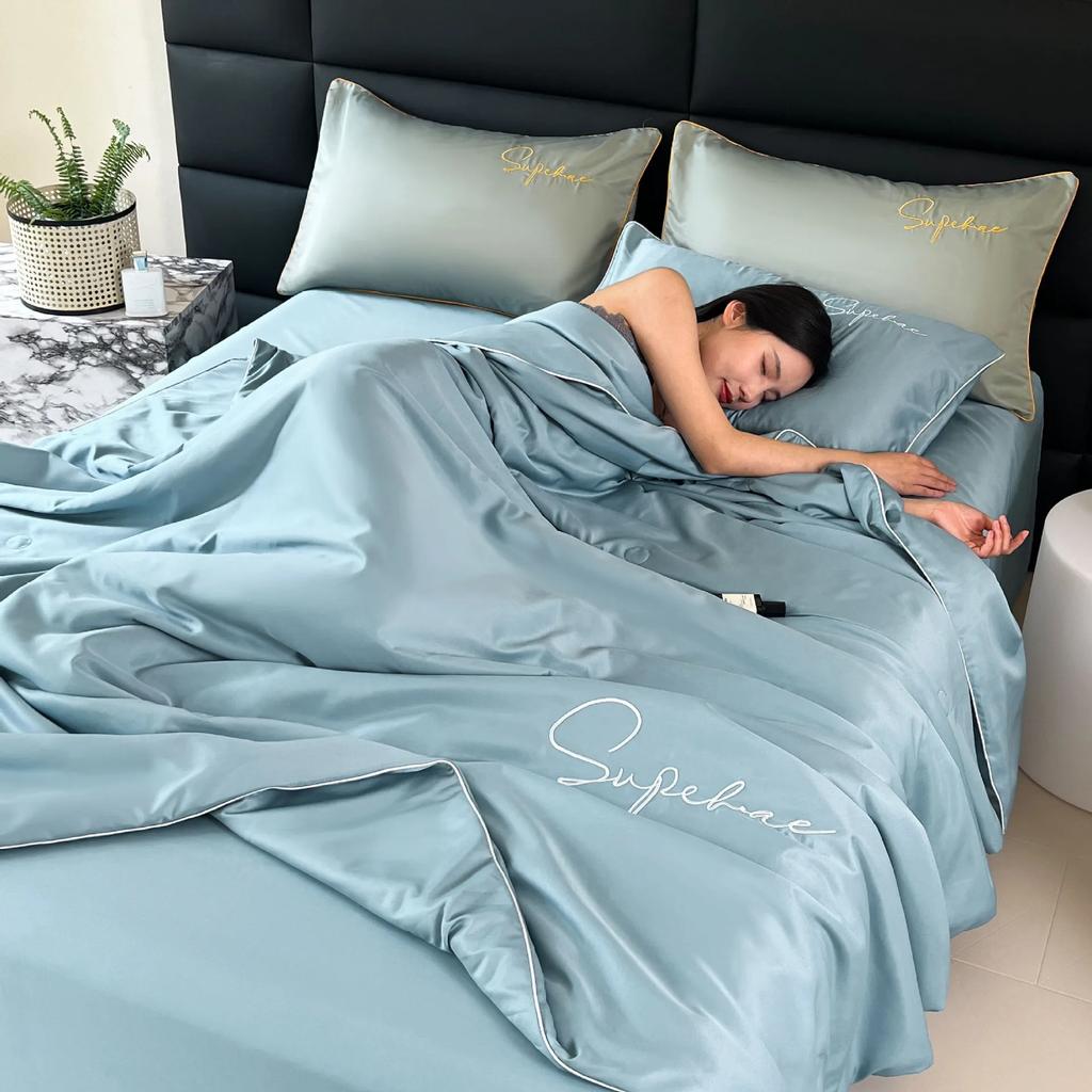New Simple Satin Silky Summer Cooling Quilt Super Soft Breathable Blanket for Bedding Washable Embroidered Air Conditioner Duvet