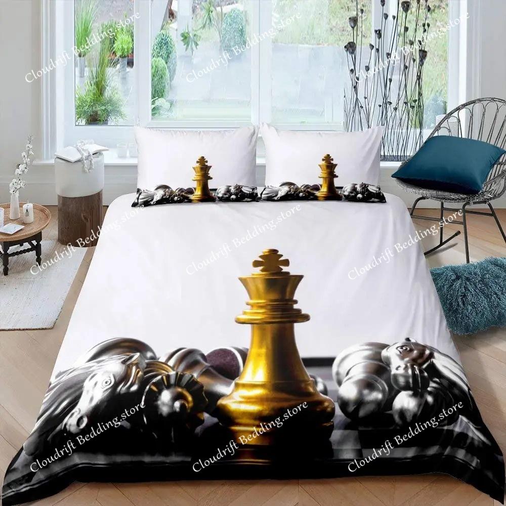 International Chess Duvet Cover Set Queen Size Chess Lovers Bedding Set for Boys Adults Microfiber Black Base Quilt Cover