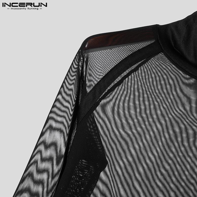 INCERUN Men High Neck Long Sleeve Mesh Sheer Stitching Party Clubwear Tops