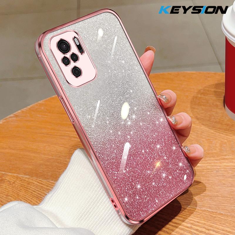 KEYSION Luxury Plating Glitter Phone Case for Redmi Note 10 10S 10 Pro 4G Transparent Soft TPU Shockproof Cover for Xiaomi POCO M5S