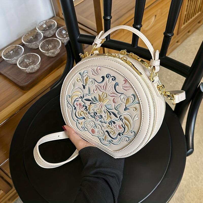 Vintažinė siuvinėta apvali rankinė per petį, rankinė su užtrauktuku, klasikinė, madinga, nišinė krepšys