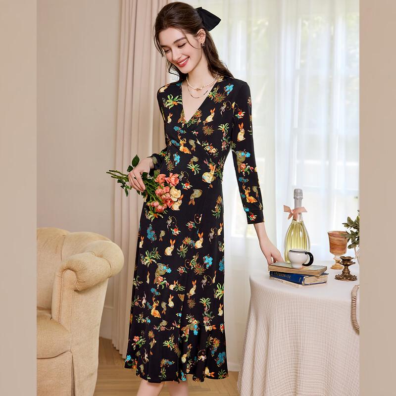 Bailuyu 2025 Autumn V-Neck Floral Print Tie-Waist Midi Tea Dress