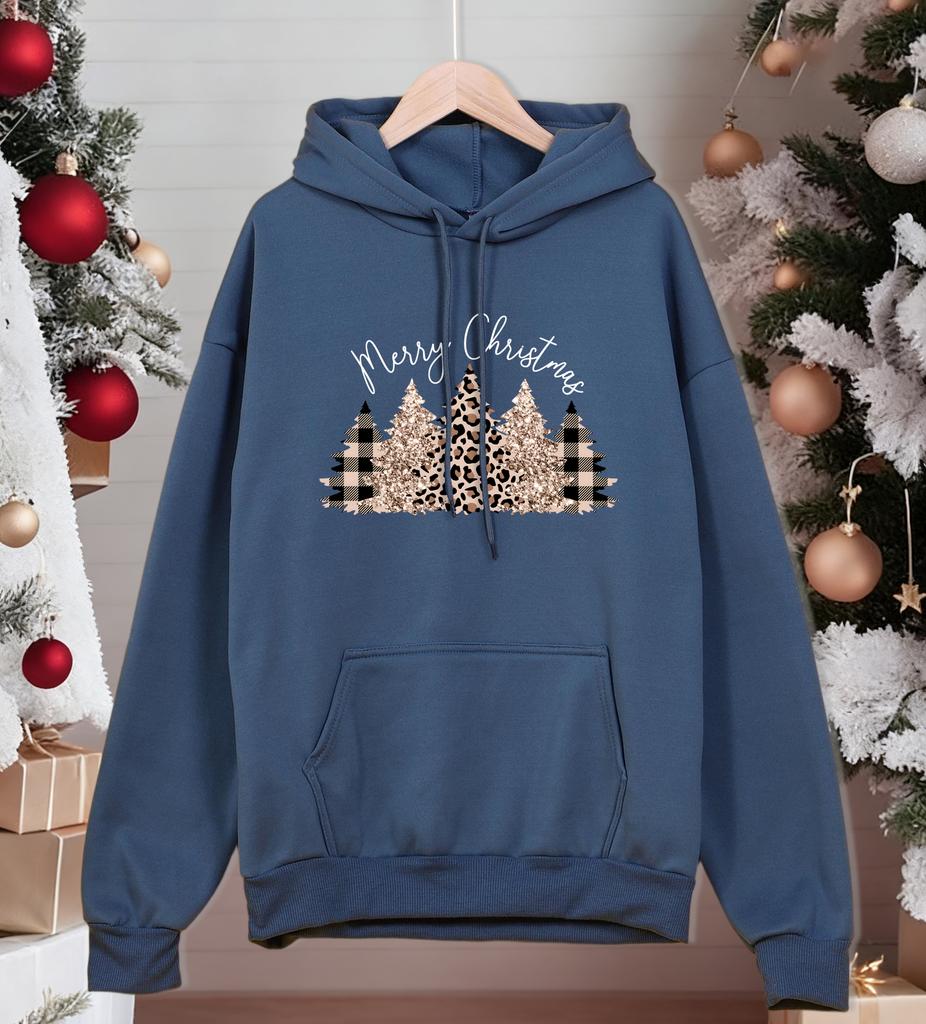 Merry Christmas Leopard Plaid Trees Printed Hoodies Men Fashion Loose Hoody Fleece Autumn Pullovers All-Match Pocket Streetwear