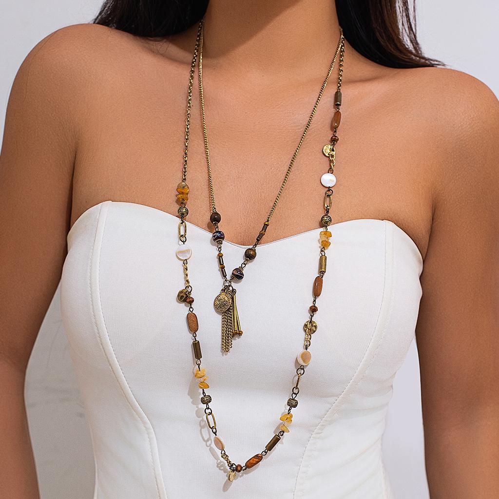 

Ingemark 2Pcs/Set Ethnic Irregular Stone Chain Necklace Women Fashion Statement Vintage Coin Tassel Pendant Choker Neck Jewelry