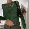 Women's 2026 New American Style Loose Knit Cardigan - Hollow Big Round Neck, Solid Color, See-through Mesh, Long Sleeve.