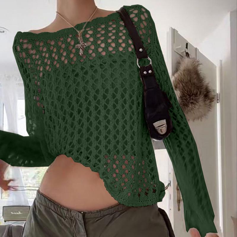 Women's 2026 New American Style Loose Knit Cardigan - Hollow Big Round Neck, Solid Color, See-through Mesh, Long Sleeve.