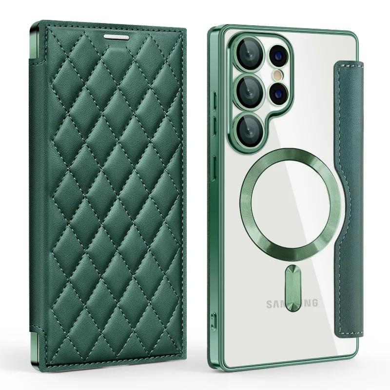 Luxury PU Leather Electroplate Magnetic Card Holder Phone Case for S22 S24 Ultra S25 Plus FE Transparent Shockproof Back