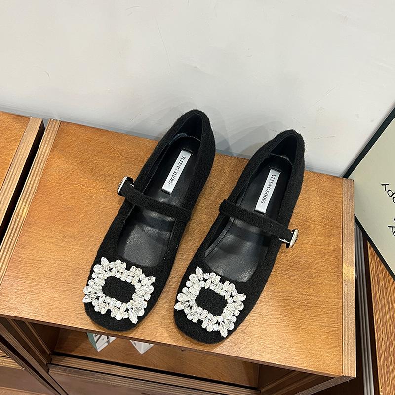 Inner heightening woolen rhinestone square buckle soft-soled Mary Jane shoes 2025 new Mao Mao Doudou shoes flat single shoes women's shoes