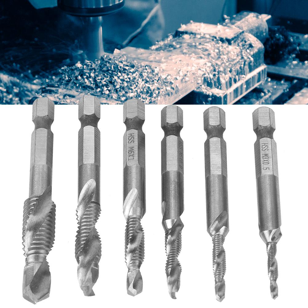 6PCS High Speed Steel 6.35mm Hex Shank Tap Drill Bit Compound Tap M3CelsiusM4CelsiusM5CelsiusM6CelsiusM8CelsiusM10 (Type A)