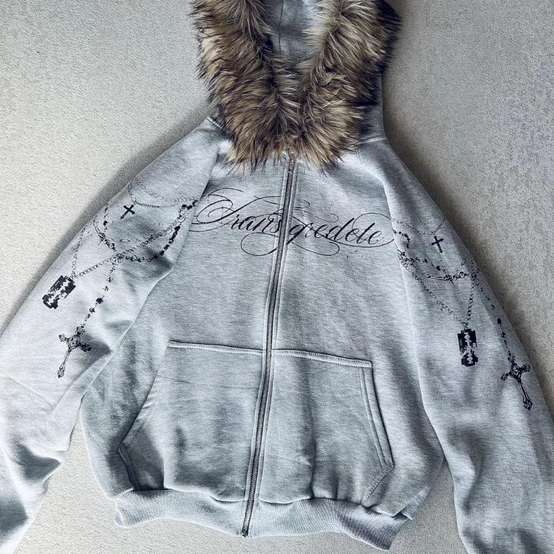 Evropská a americká podzimní a zimní volná mikina se zipem a potiskem písmen, s odnímatelným kožešinovým límcem, high street