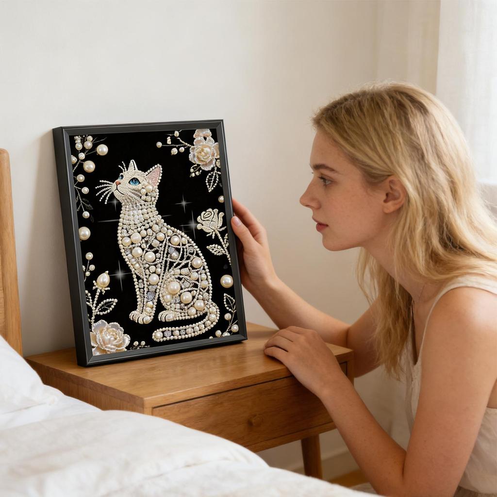 Pearl Painting Cat Shape Beaded DIY Frameless Handmade Craft DIY Pearl Painting Kits for Home Wall Women Birthday Mother's Day