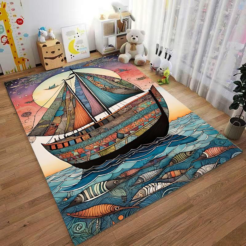 Colorful Abstract Sailing Boat and Fish Pattern Decorative Carpet Art Suitable for use as an anti-slip for living room bedroom sofas