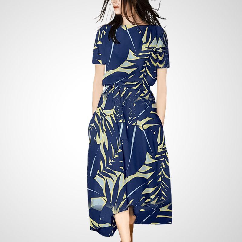 

Goddess Temperament Summer Print A- line Irregular Dress Navy blue spell yellow S