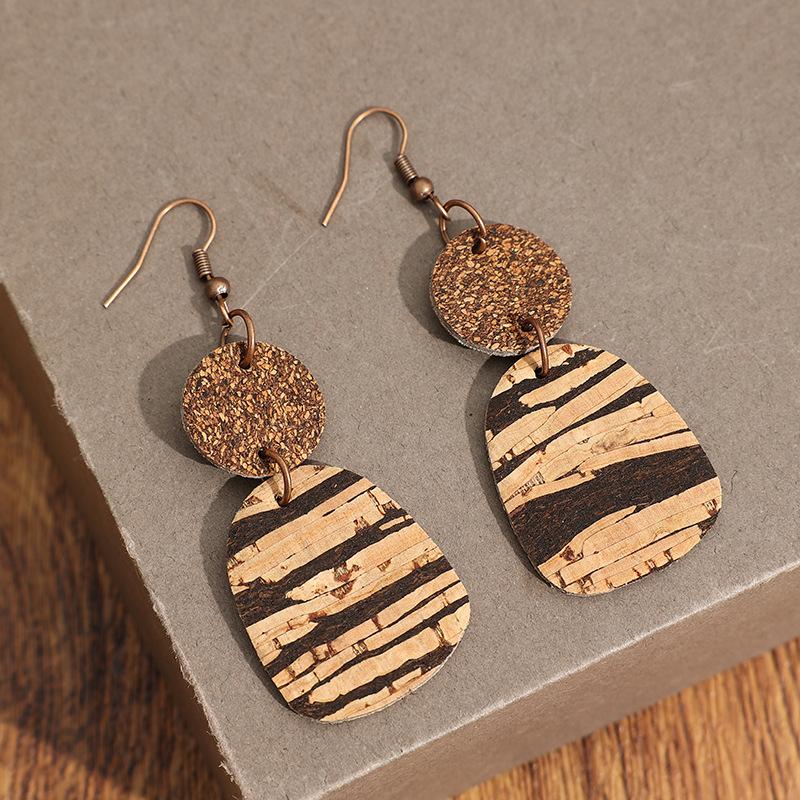 Fashion Double Layer Cork Texture Dangle Earrings Wood Grain Patchwork Design Niche Artistic Earrings Versatile Commute Wear For Ladies