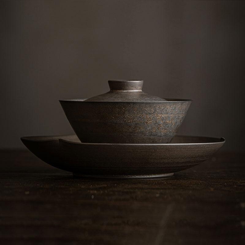 

140ml Retro Rust Glaze Ceramic Tea Tureen Chinese Tea Maker Non-hot Gaiwan Handmade Coarse Pottery Tea Bowl Creative Teaware Set