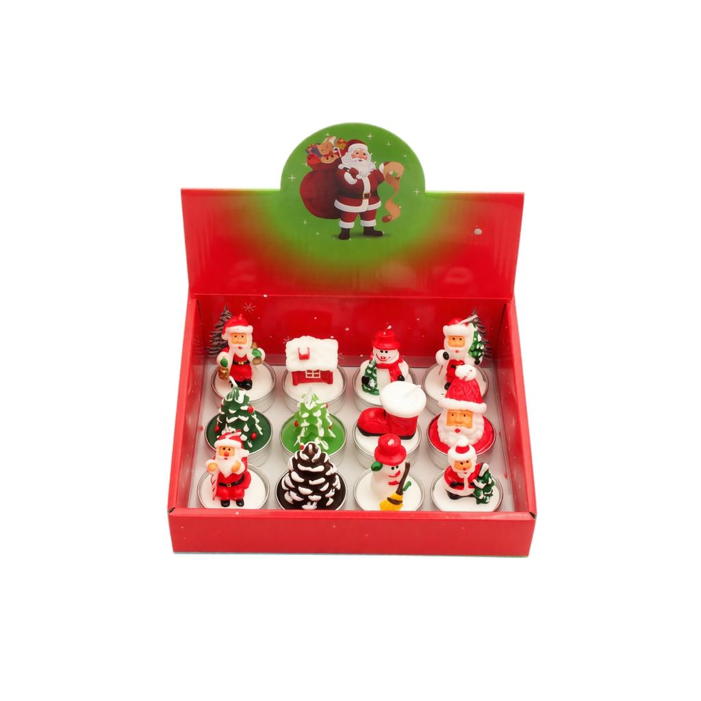 Christmas Tea Light Candles 12 Pack, Painted Aluminum Shells with Snowman, Santa and Christmas Tree Designs, Gift Box Set