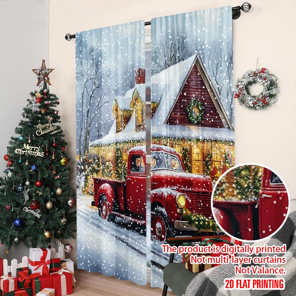 2pcs 2D Flat Printing Merry Christmas Party Curtains European Architecture Versatile Fabric Without Electricity Festive Curtains
