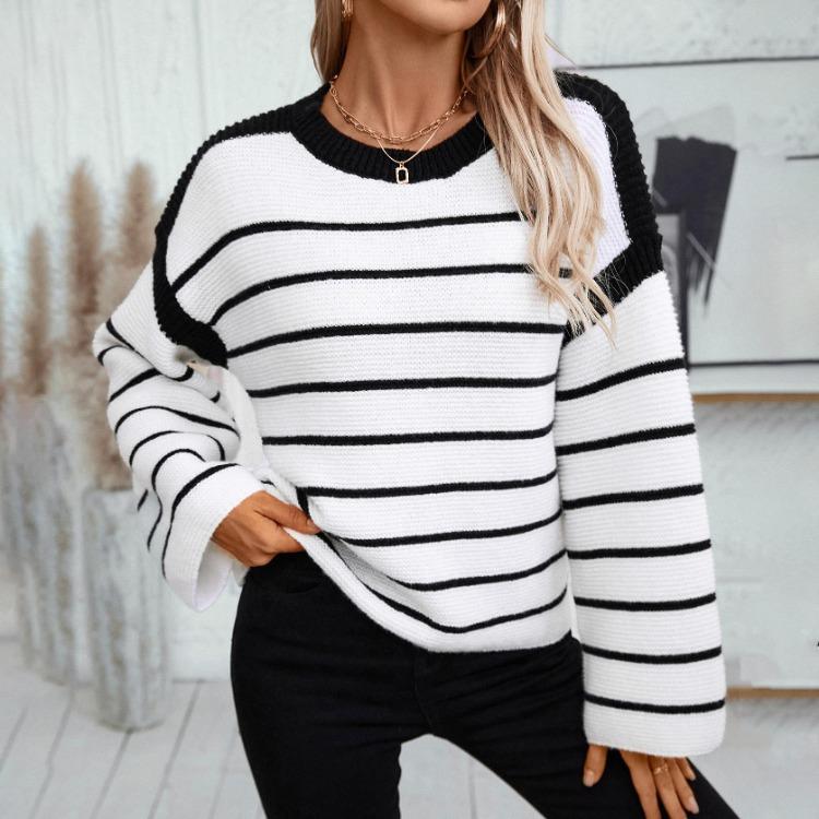 Vintage Stripe Cardigan Loose Knitwear Sweater Long Sleeve O Neck Top Autumn Winter