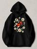 Black Pullover Hoodie with Ladybug and White Daisy Flower Print Casual Long Sleeve Sweatshirt with Kangaroo Pocket for Daily Wear