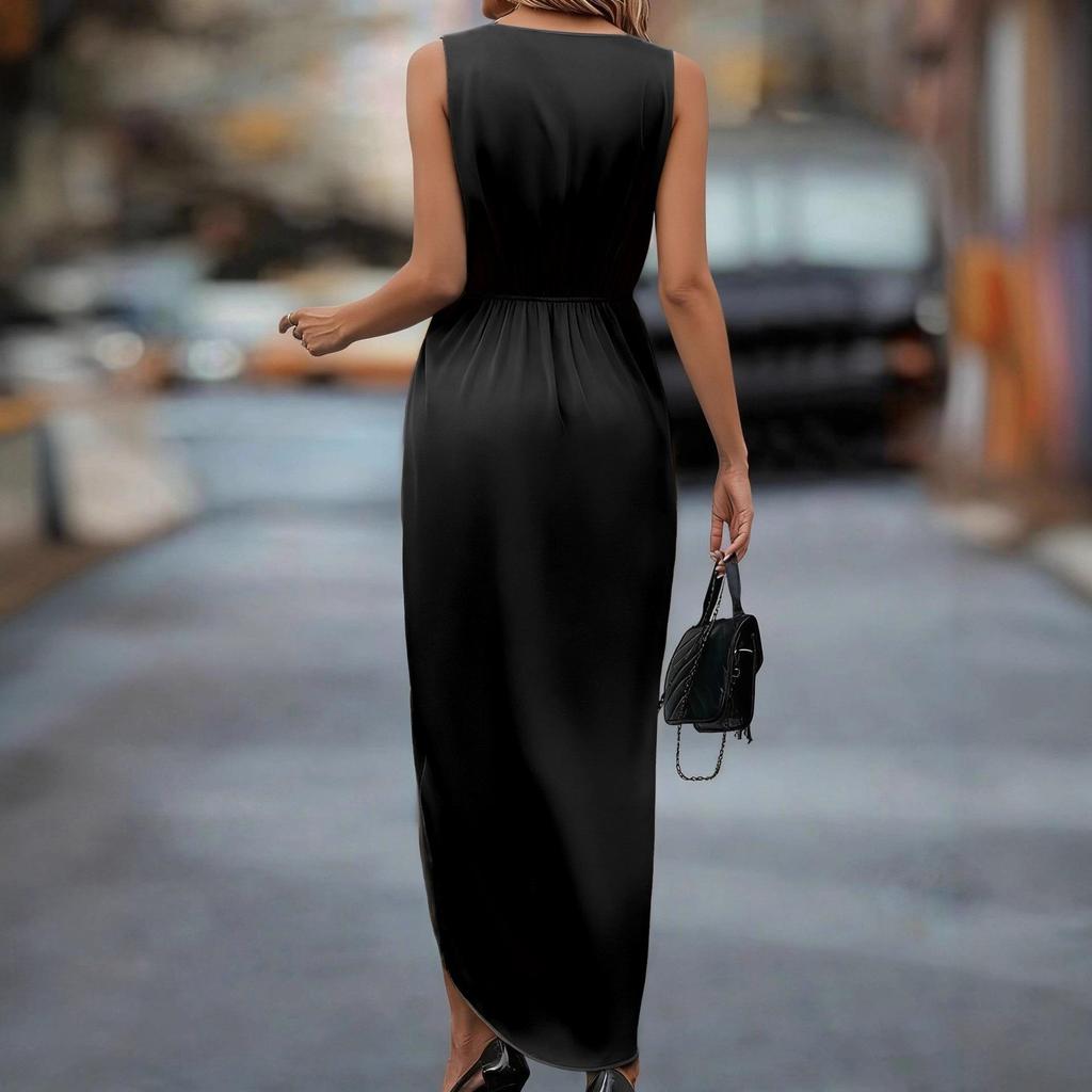Elegant V-neck Sleeveless Slit Irregular Long Dress for Spring/Summer