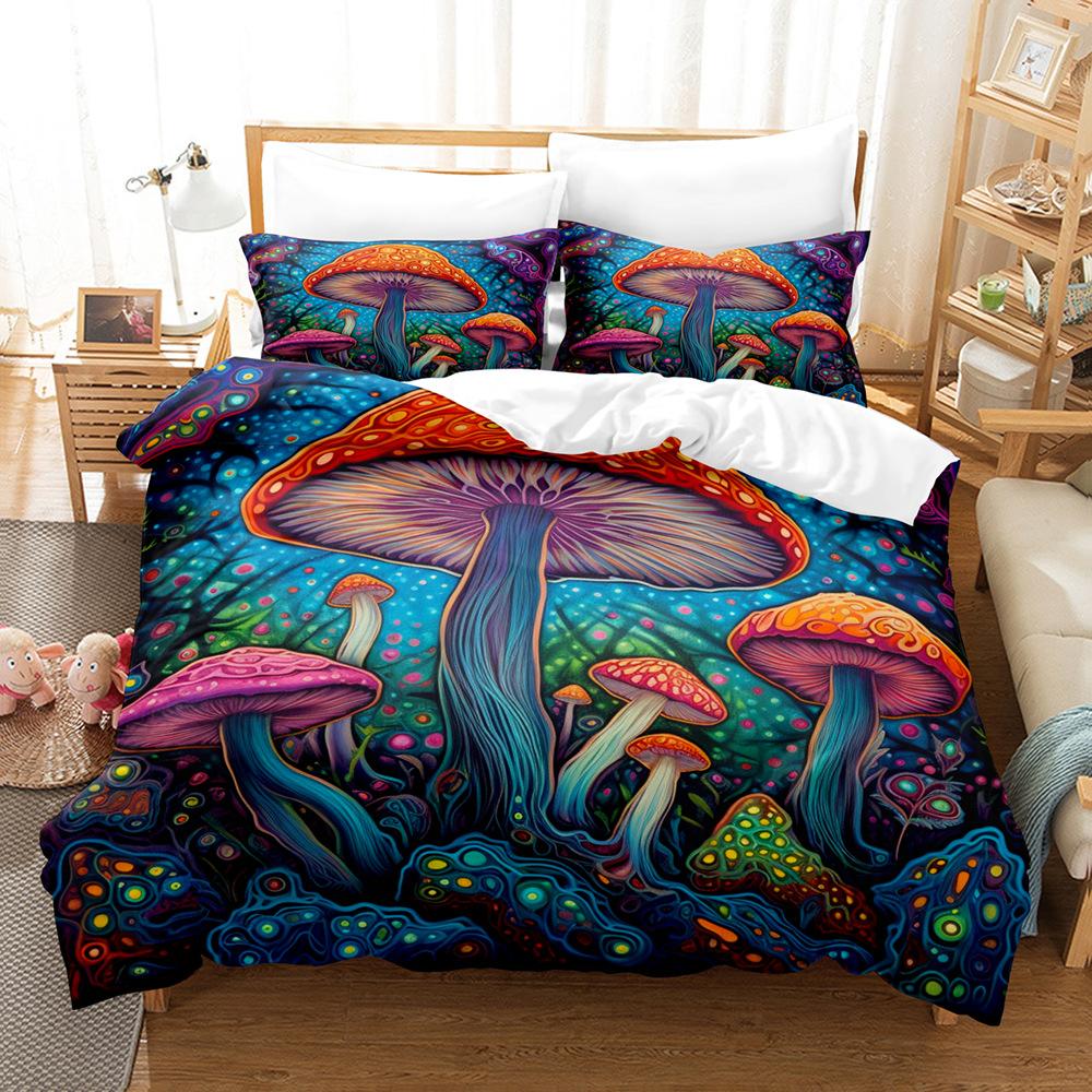 3D Digital Printing Fluorescent Mushroom Series Three-Piece Bedding